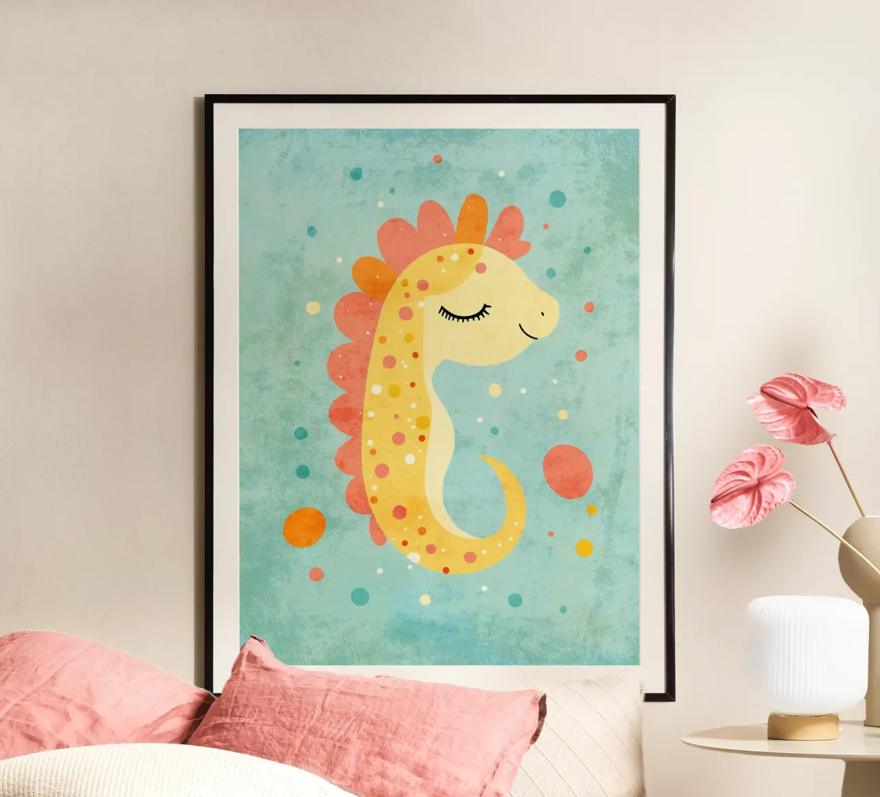 Simpática ilustración de un caballito de mar sobre fondo azul poster con marco de plástico de Courtney Ohling
