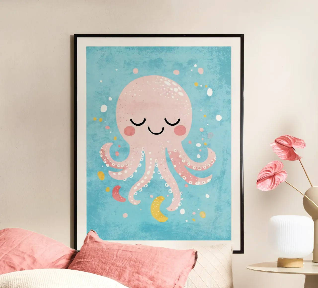 polpo carino sott'acqua poster con telaio in plastica da Courtney Ohling