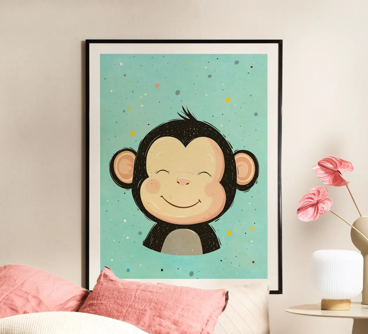 scimmia che sorride cartone animato poster con telaio in plastica da Courtney Ohling