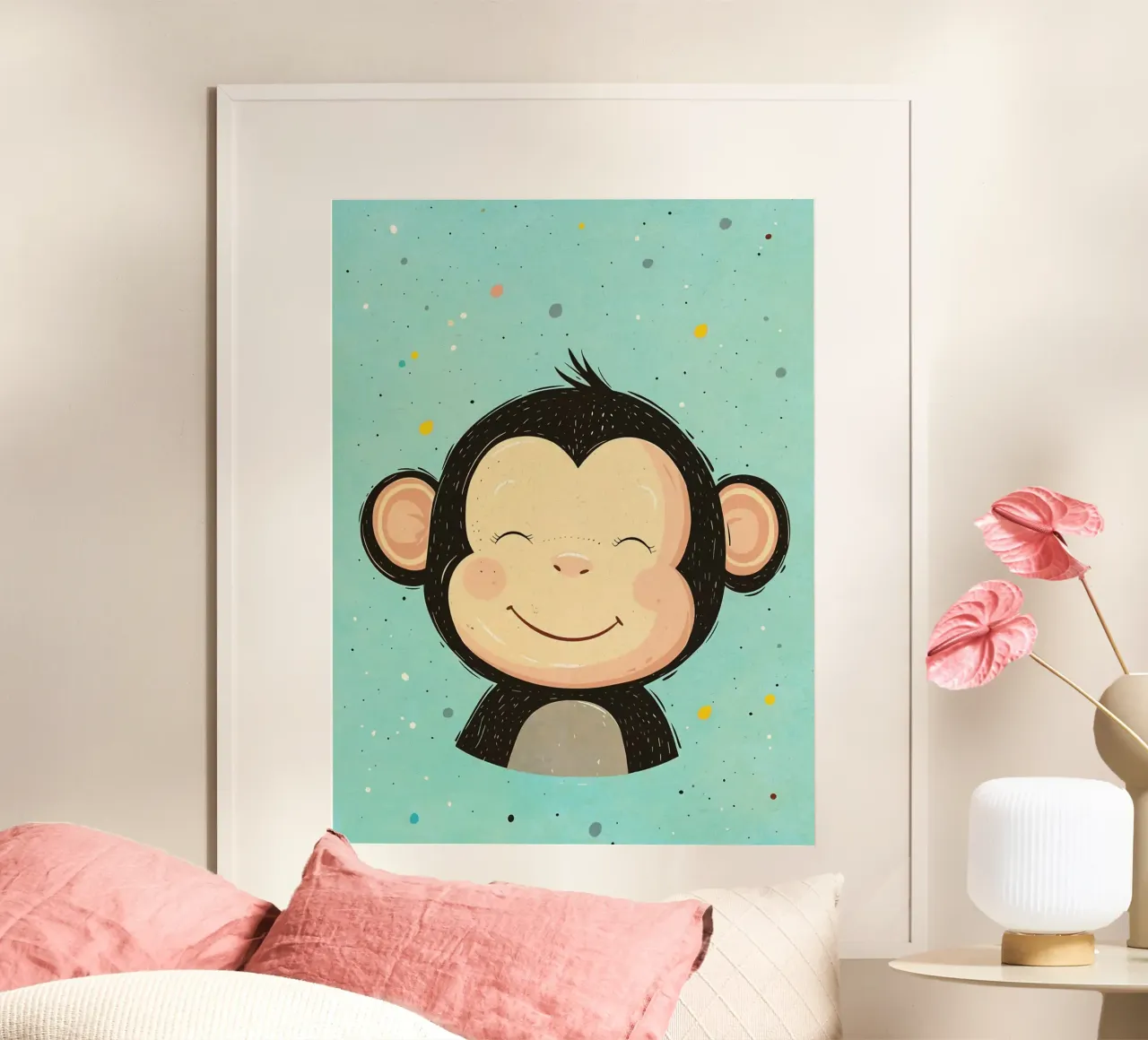 scimmia che sorride cartone animato poster con telaio in plastica da Courtney Ohling