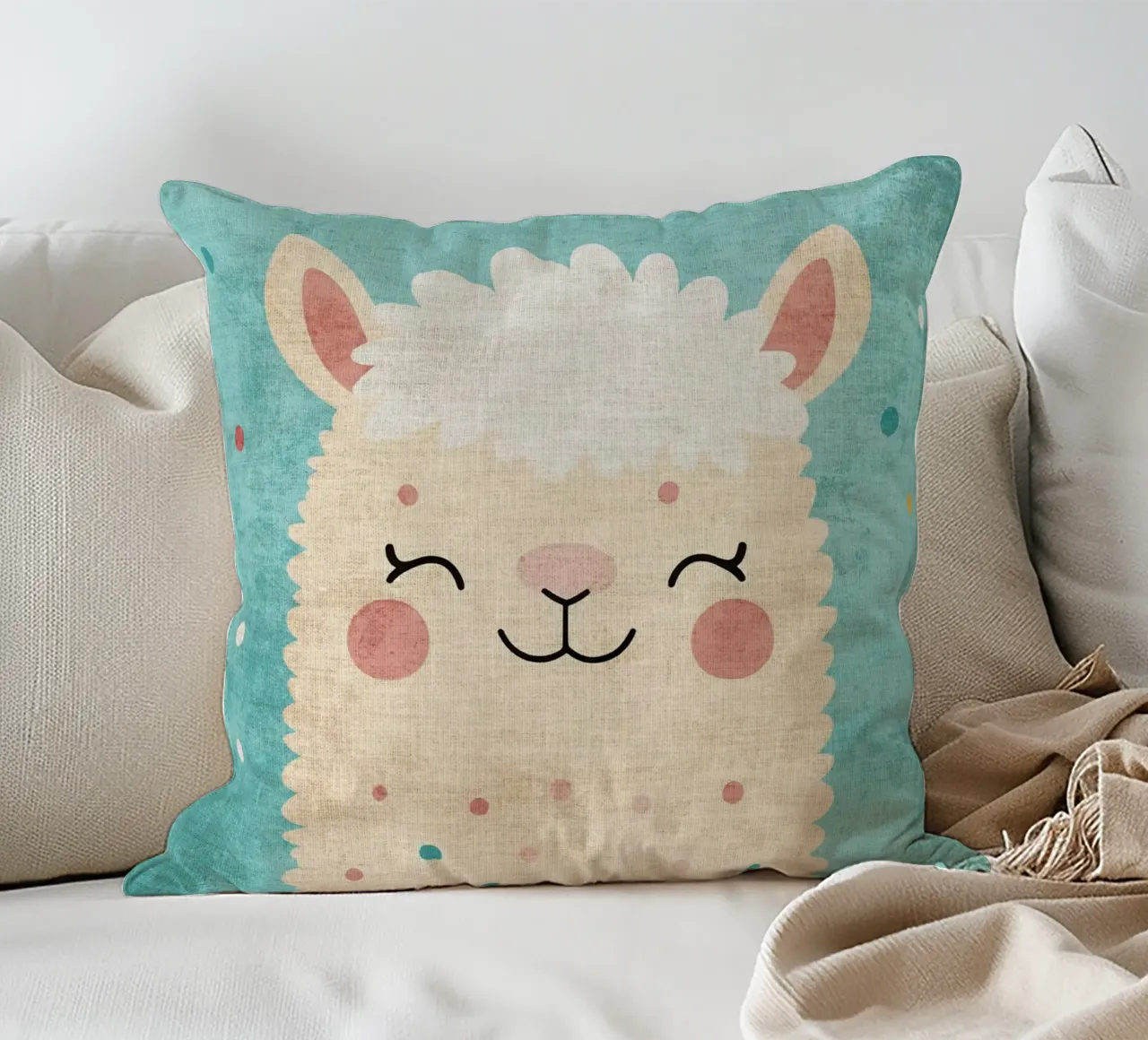 lama sorridente faccia di lama occhi chiusi pelliccia soffice cuscino da Courtney Ohling