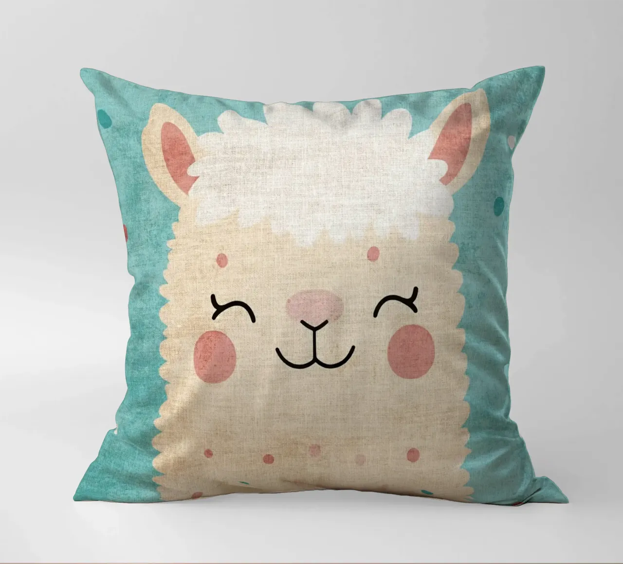 lama sorridente faccia di lama occhi chiusi pelliccia soffice cuscino da Courtney Ohling