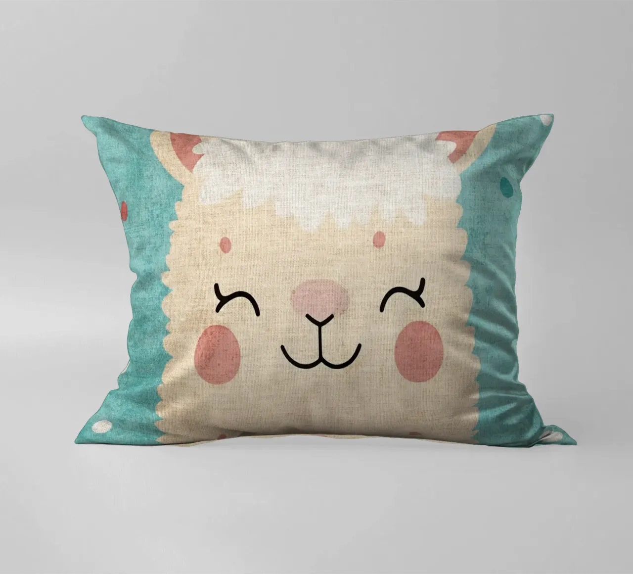 lama sorridente faccia di lama occhi chiusi pelliccia soffice cuscino da Courtney Ohling