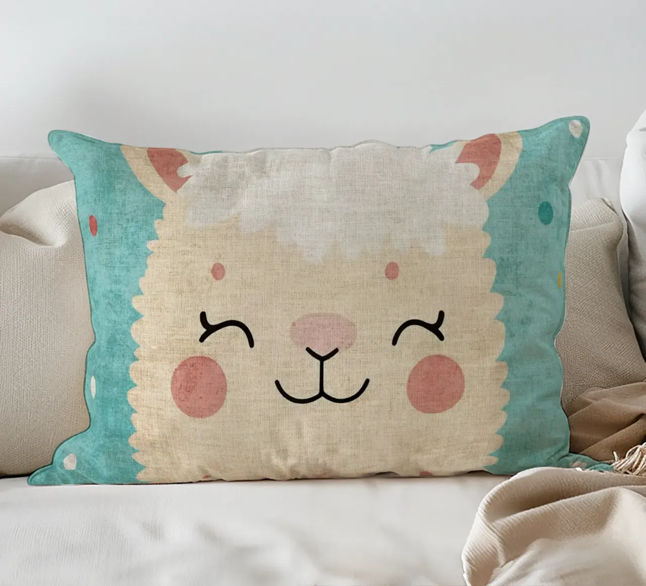 lama sorridente faccia di lama occhi chiusi pelliccia soffice cuscino da Courtney Ohling