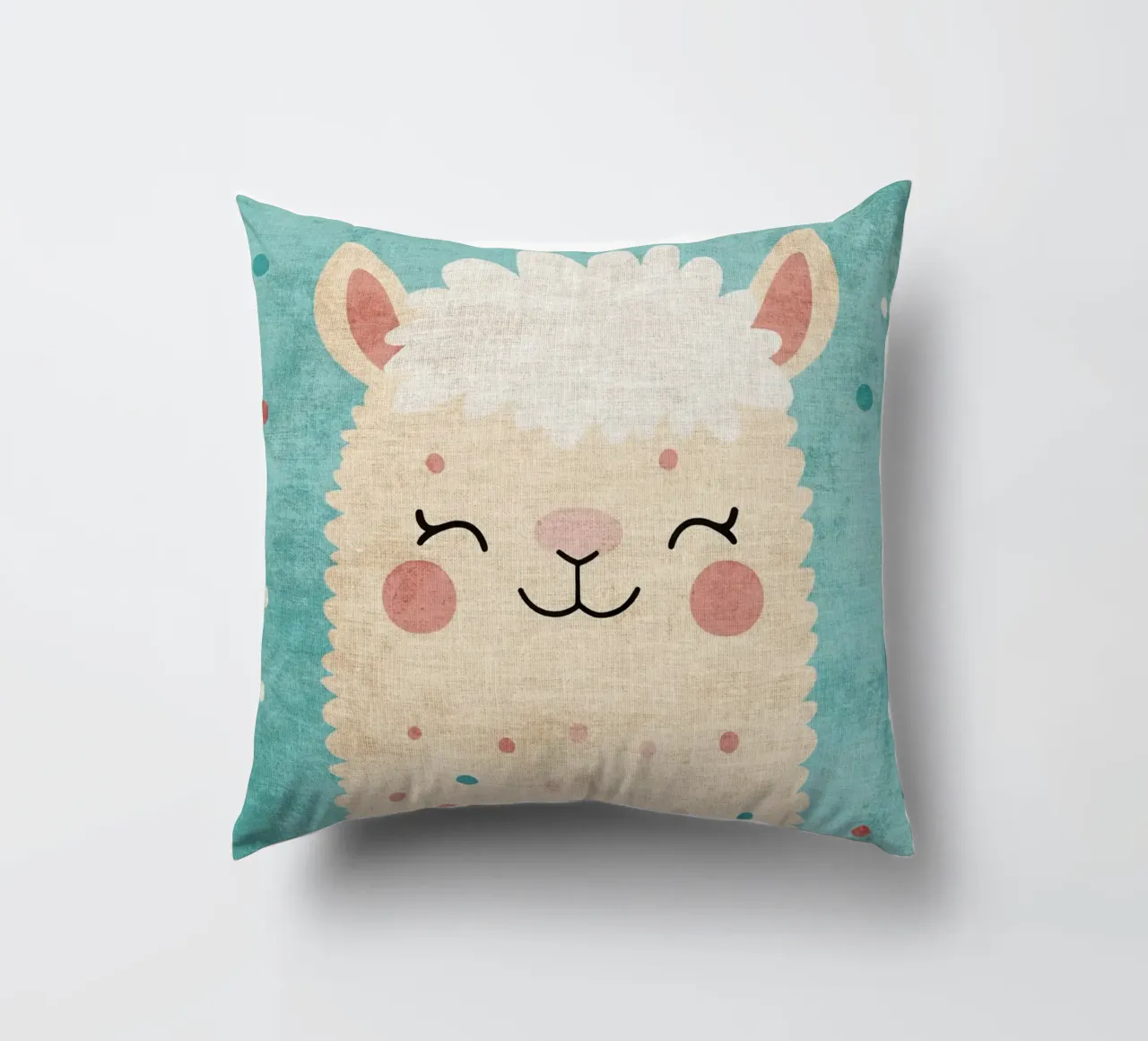 lama sorridente faccia di lama occhi chiusi pelliccia soffice cuscino da Courtney Ohling