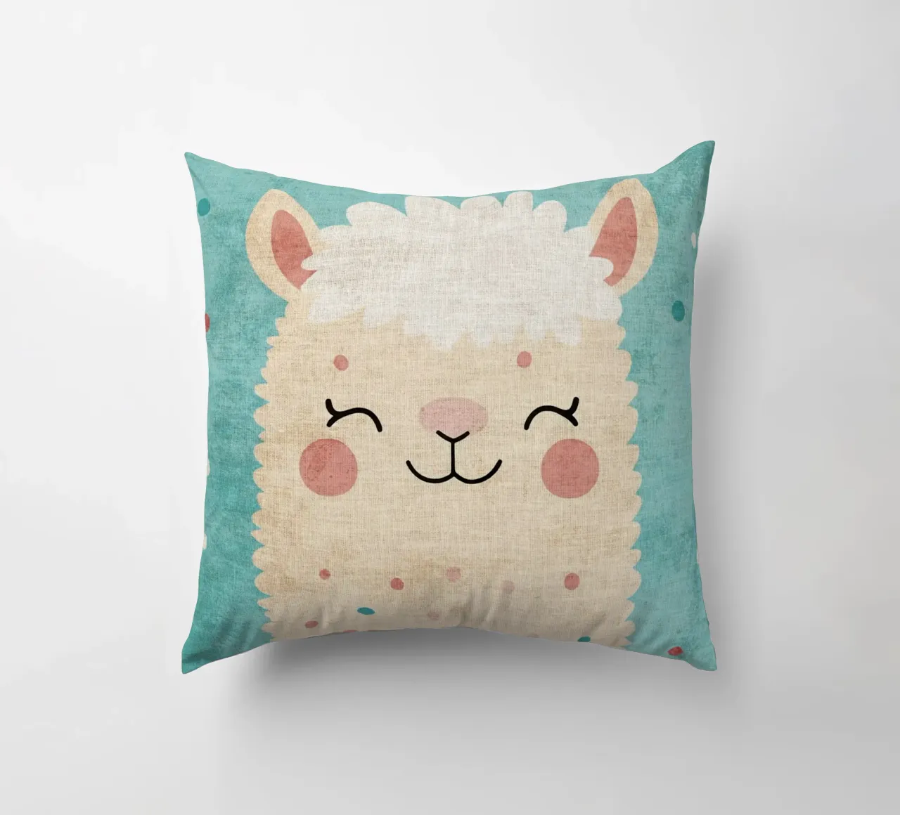 lama sorridente faccia di lama occhi chiusi pelliccia soffice cuscino da Courtney Ohling