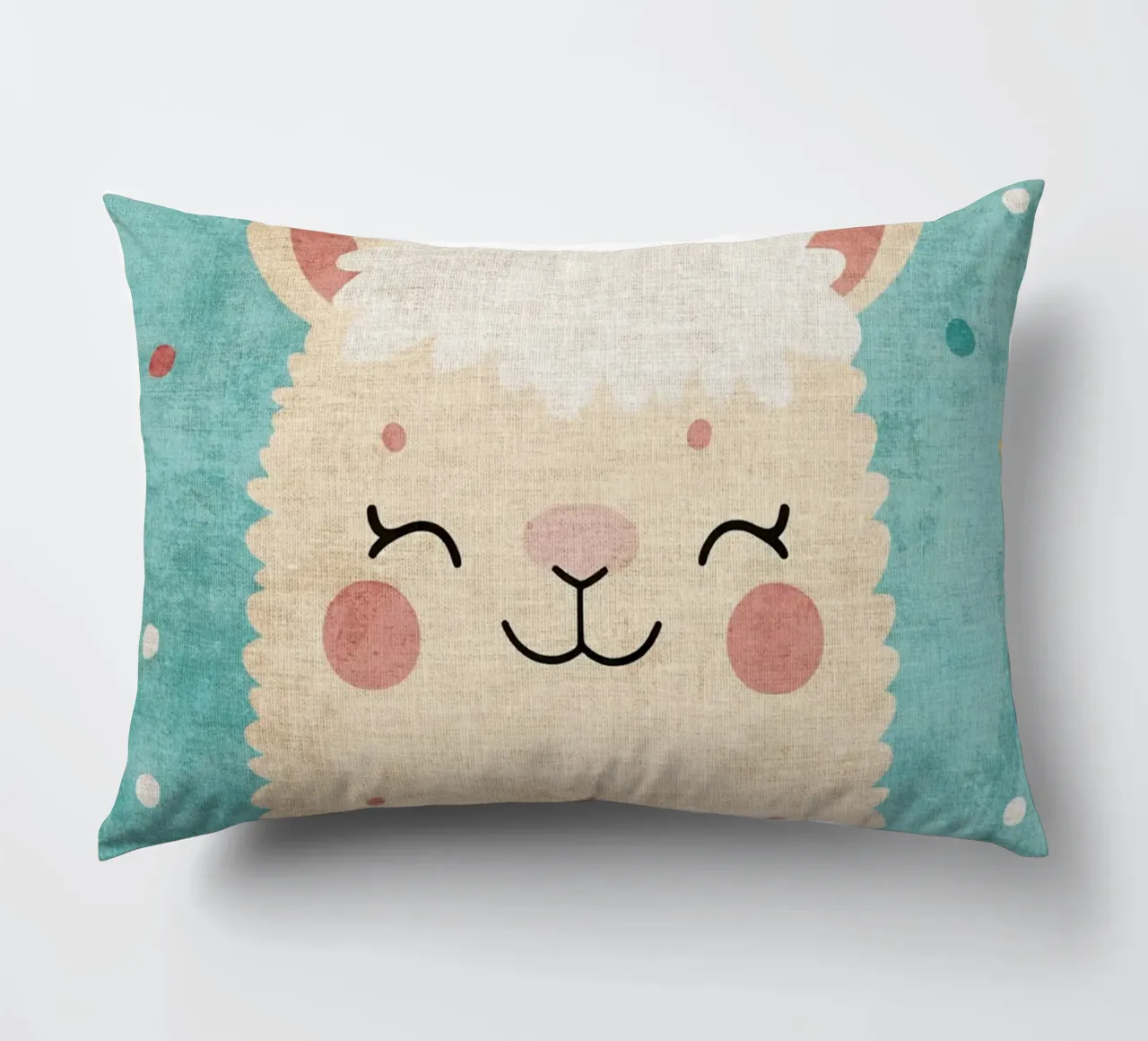 lama sorridente faccia di lama occhi chiusi pelliccia soffice cuscino da Courtney Ohling
