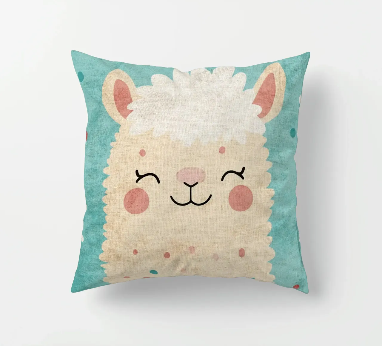 lama sorridente faccia di lama occhi chiusi pelliccia soffice cuscino da Courtney Ohling
