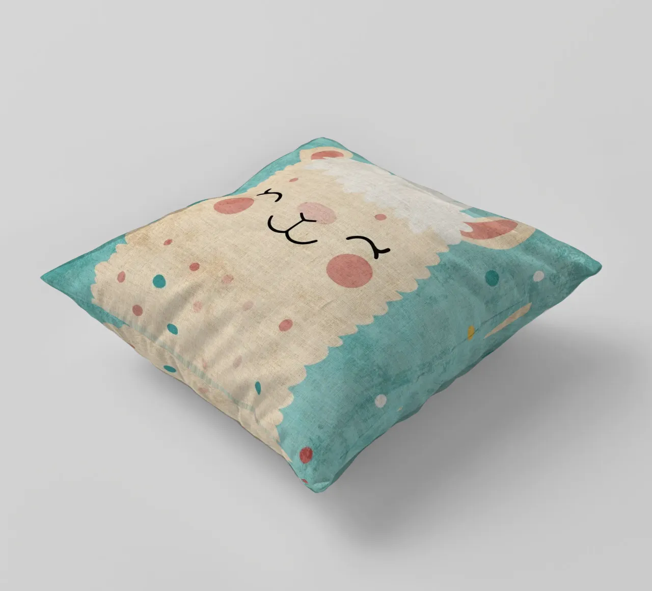 lama sorridente faccia di lama occhi chiusi pelliccia soffice cuscino da Courtney Ohling