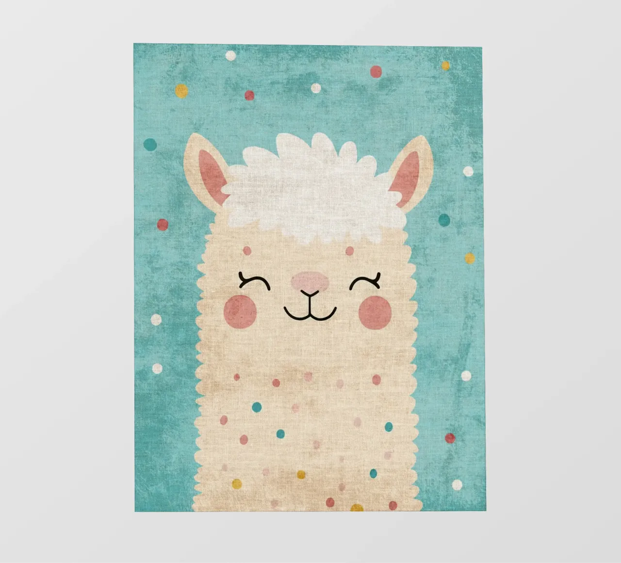 lama sorridente faccia di lama occhi chiusi pelliccia soffice telo in pvc da Courtney Ohling