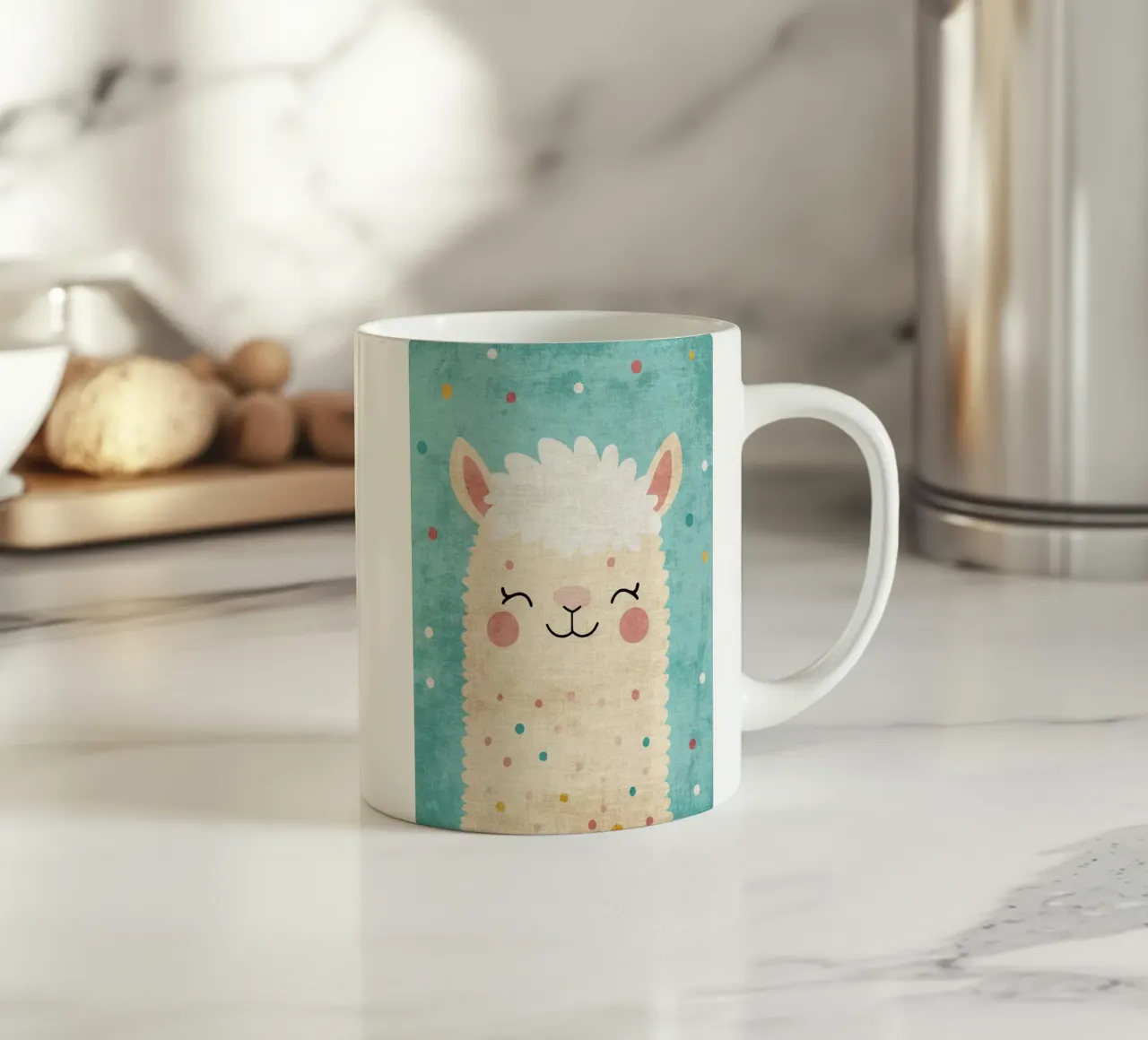 lama sorridente faccia di lama occhi chiusi pelliccia soffice tazza in ceramica da Courtney Ohling
