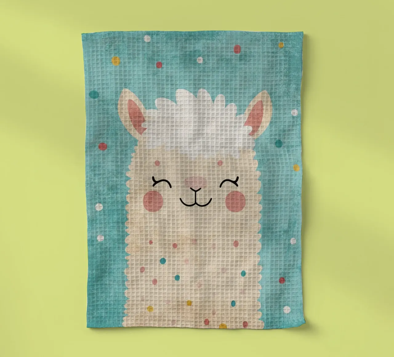 lama sorridente faccia di lama occhi chiusi pelliccia soffice canovaccio da cucina da Courtney Ohling