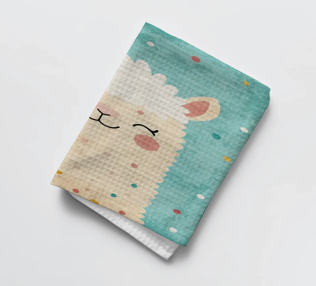lama sorridente faccia di lama occhi chiusi pelliccia soffice canovaccio da cucina da Courtney Ohling