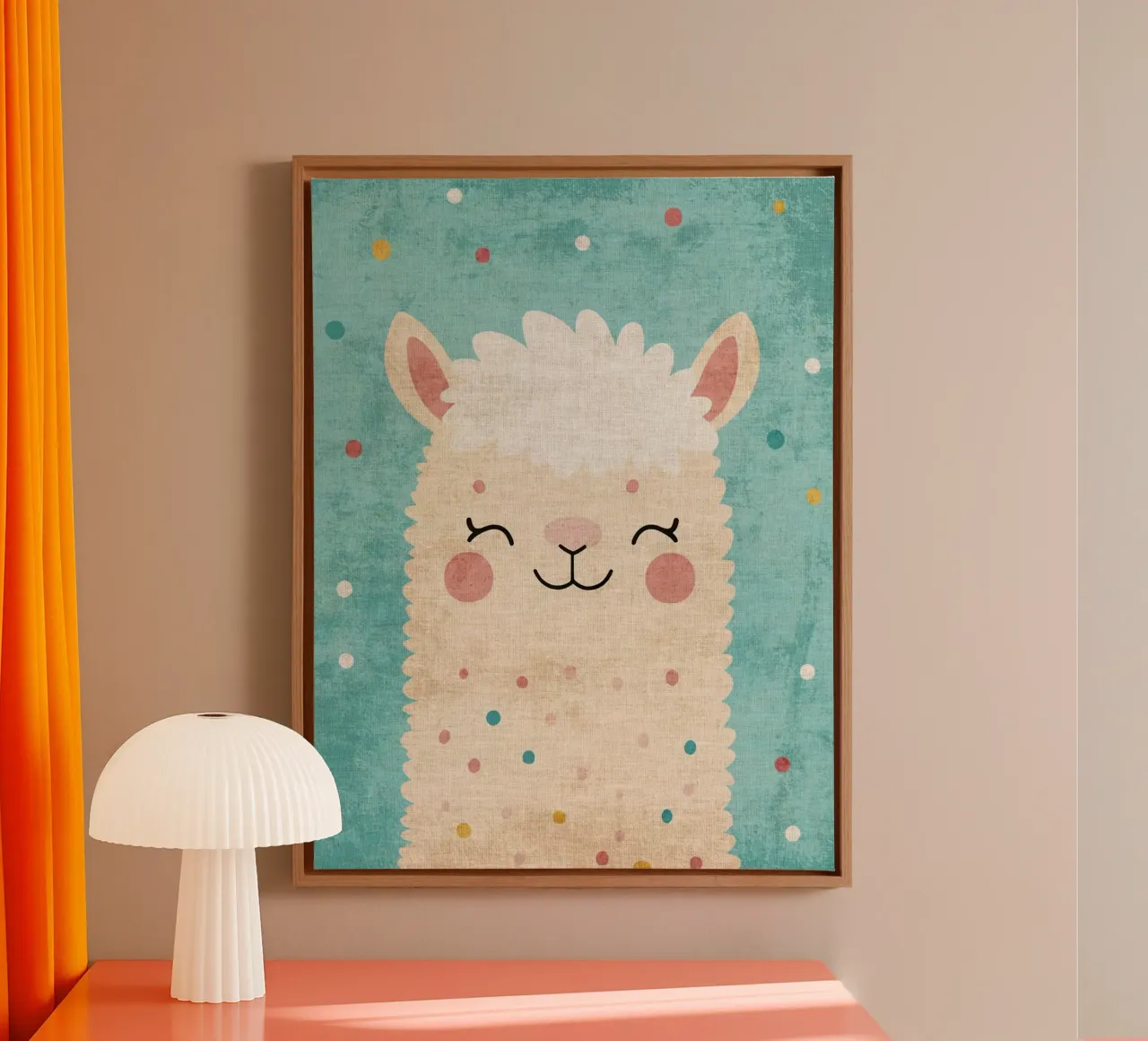 lama sorridente faccia di lama occhi chiusi pelliccia soffice tela con Cornice a cassetta da Courtney Ohling