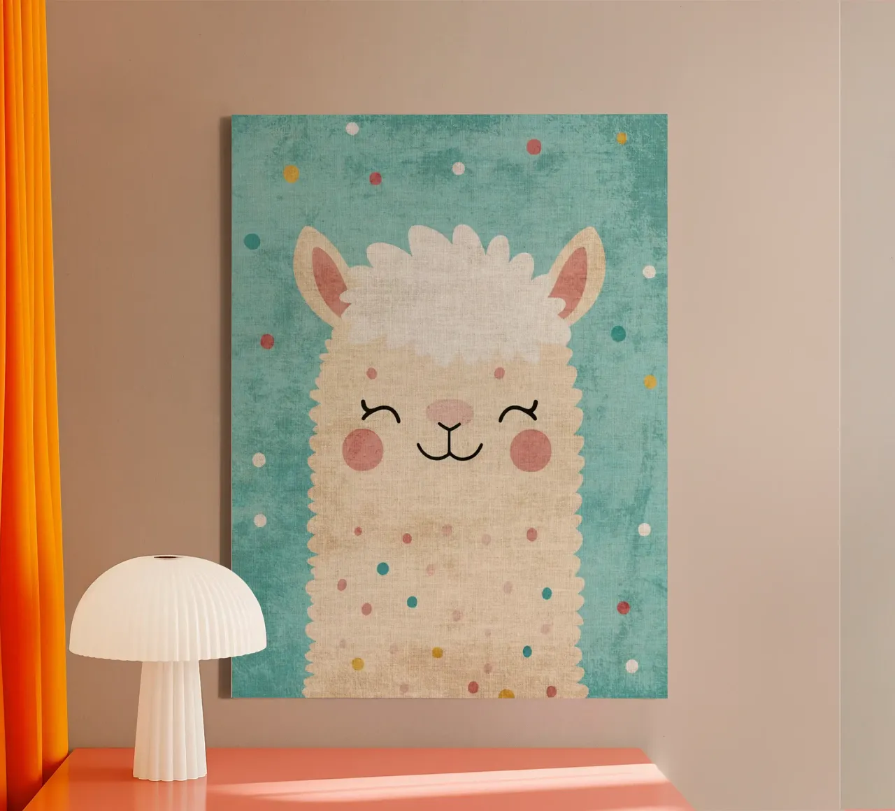 lama sorridente faccia di lama occhi chiusi pelliccia soffice tela con Cornice a cassetta da Courtney Ohling