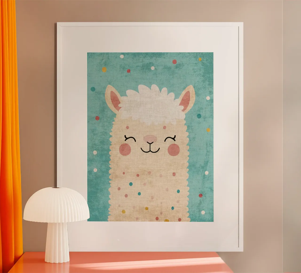 lama sorridente faccia di lama occhi chiusi pelliccia soffice poster con telaio in legno da Courtney Ohling