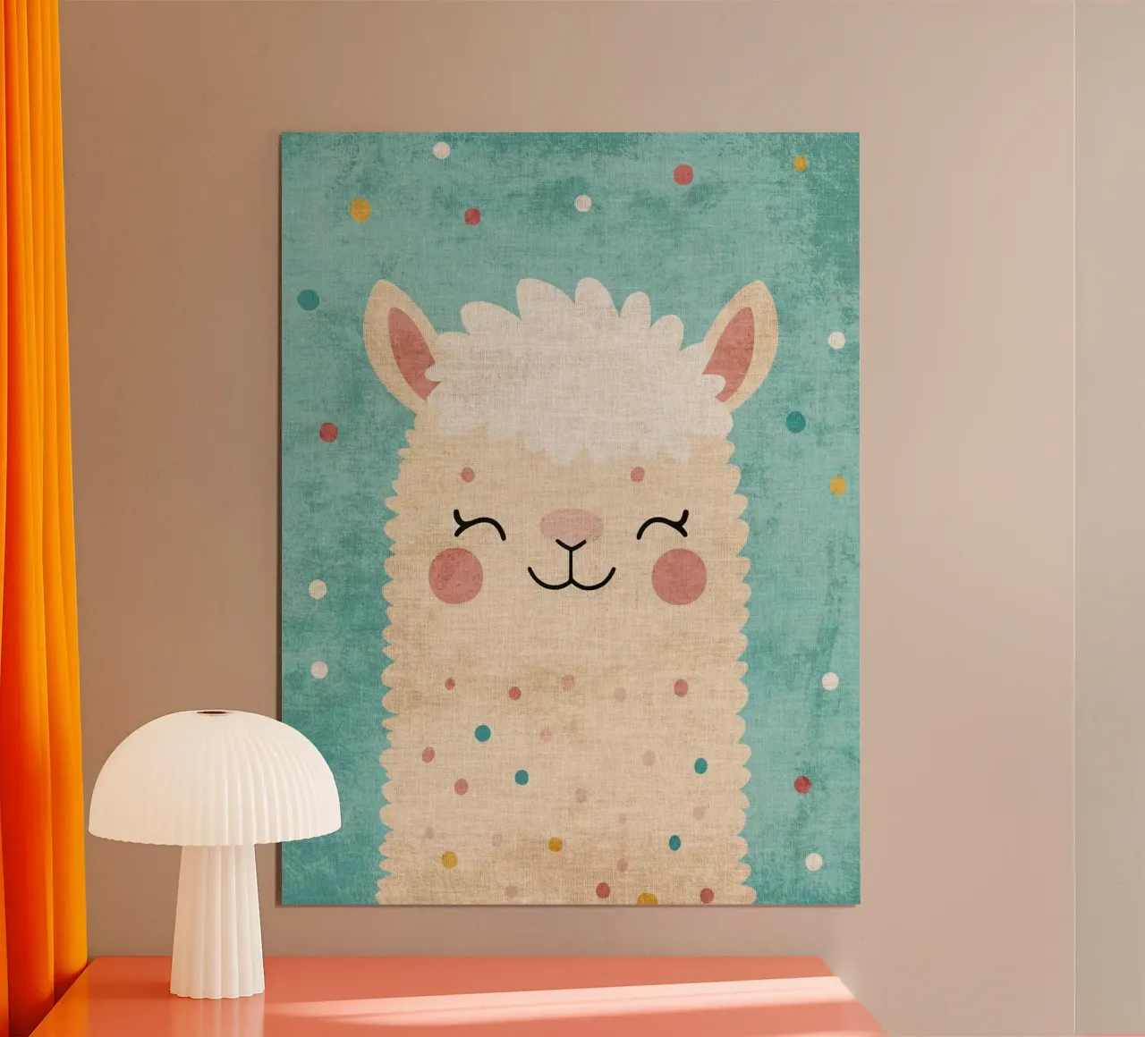 lama sorridente faccia di lama occhi chiusi pelliccia soffice poster con telaio in legno da Courtney Ohling