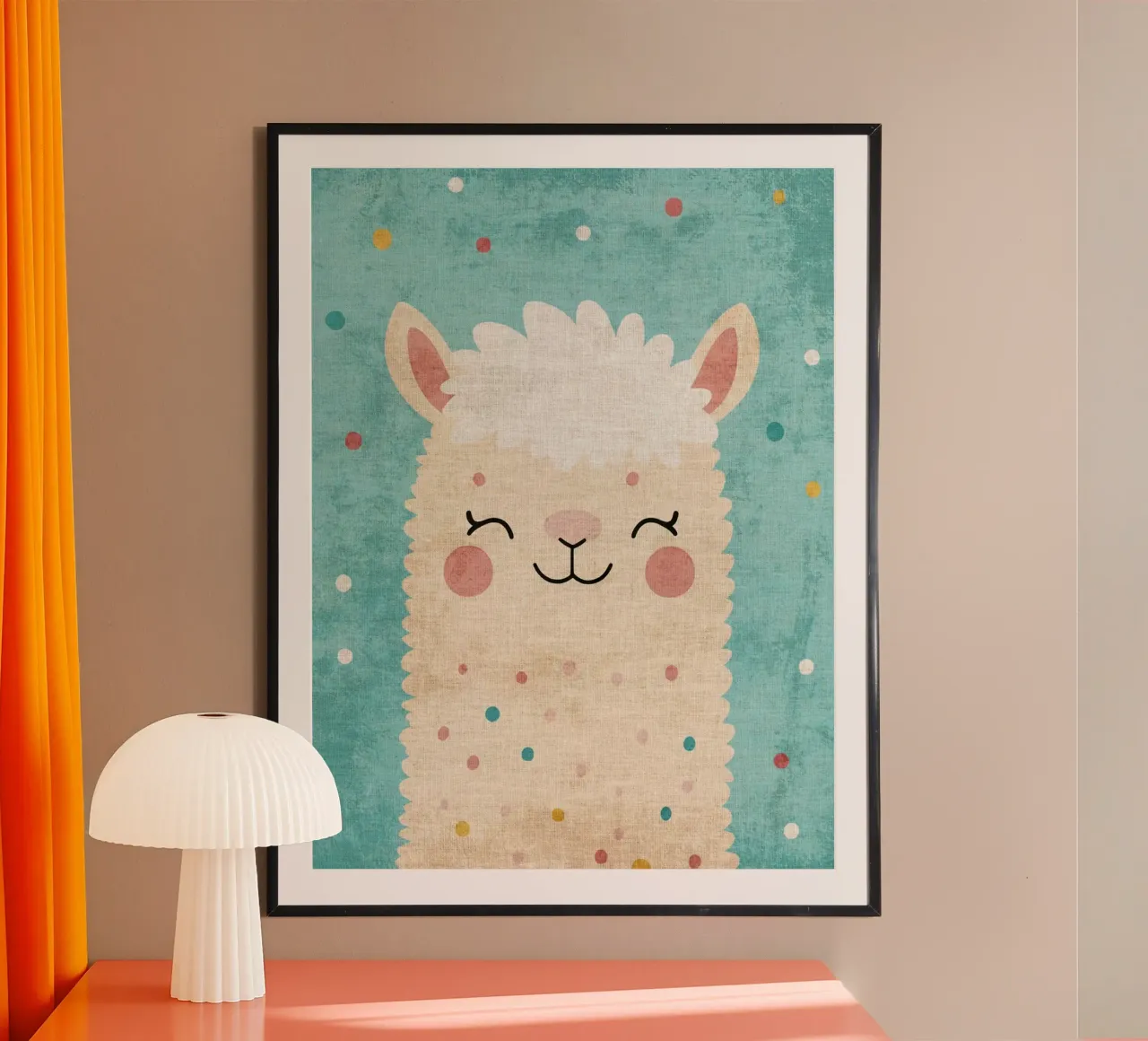 lama sorridente faccia di lama occhi chiusi pelliccia soffice poster con telaio in legno da Courtney Ohling