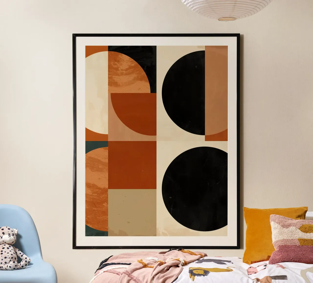 Abstrakte geometrische Komposition mit Kreisen und Quadraten Poster mit Holzrahmen von DesignDoodle