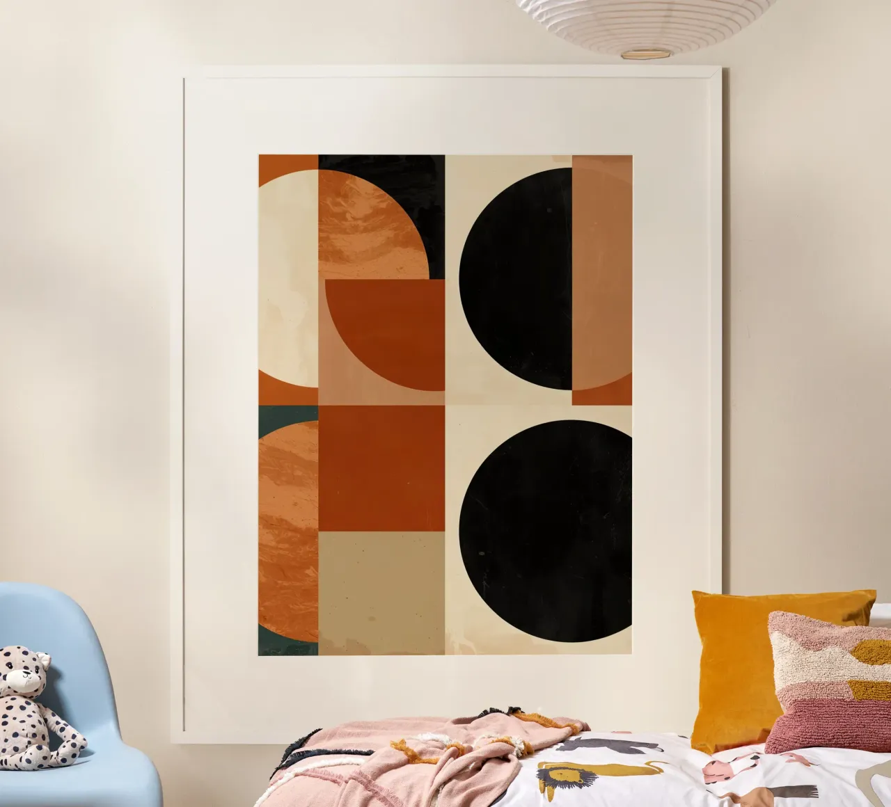 Abstrakte geometrische Komposition mit Kreisen und Quadraten Poster mit Holzrahmen von DesignDoodle
