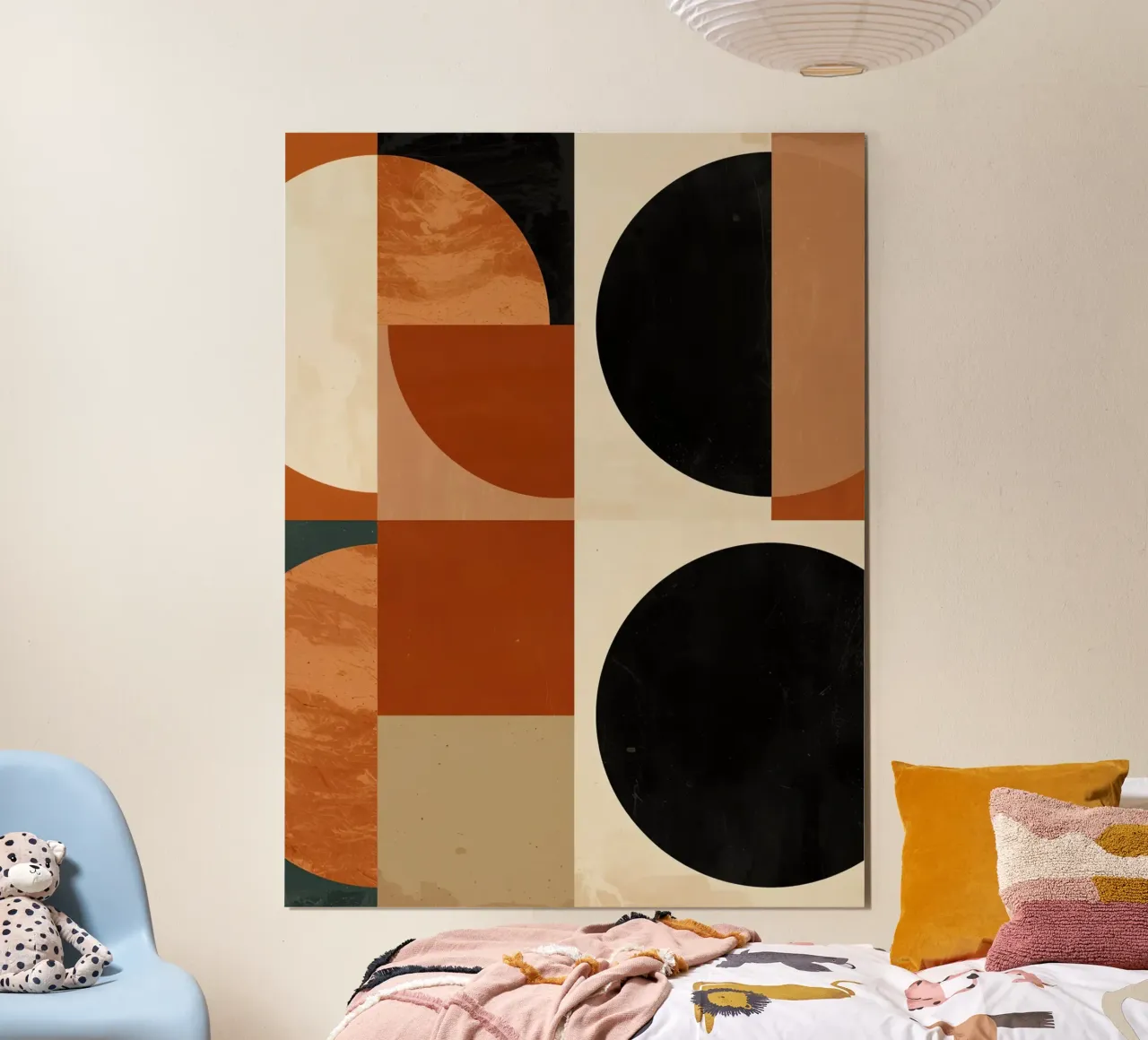 Abstrakte geometrische Komposition mit Kreisen und Quadraten Poster mit Holzrahmen von DesignDoodle