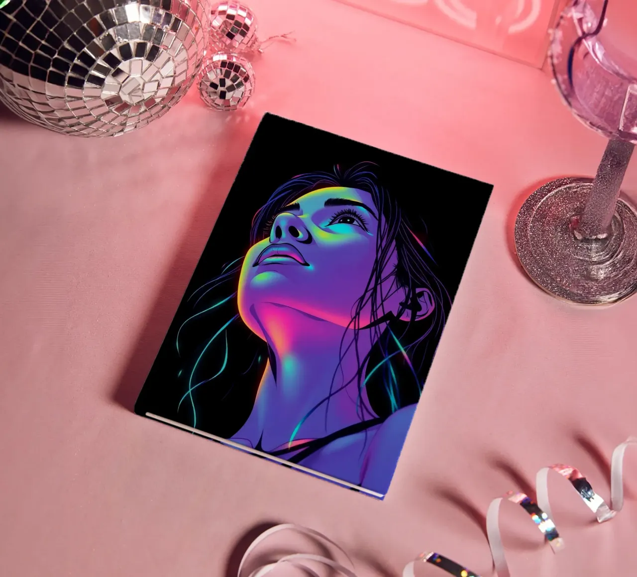 Woman's Face with Neon Color Grading on Black notebook by DesignDoodle