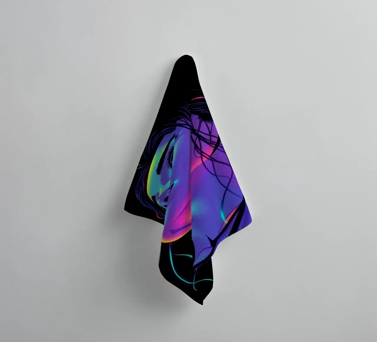 Woman's Face with Neon Color Grading on Black towel by DesignDoodle