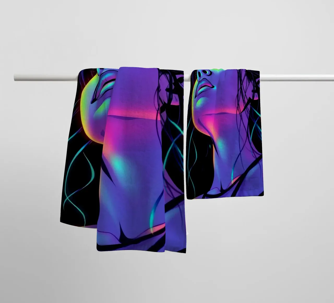 Woman's Face with Neon Color Grading on Black towel by DesignDoodle