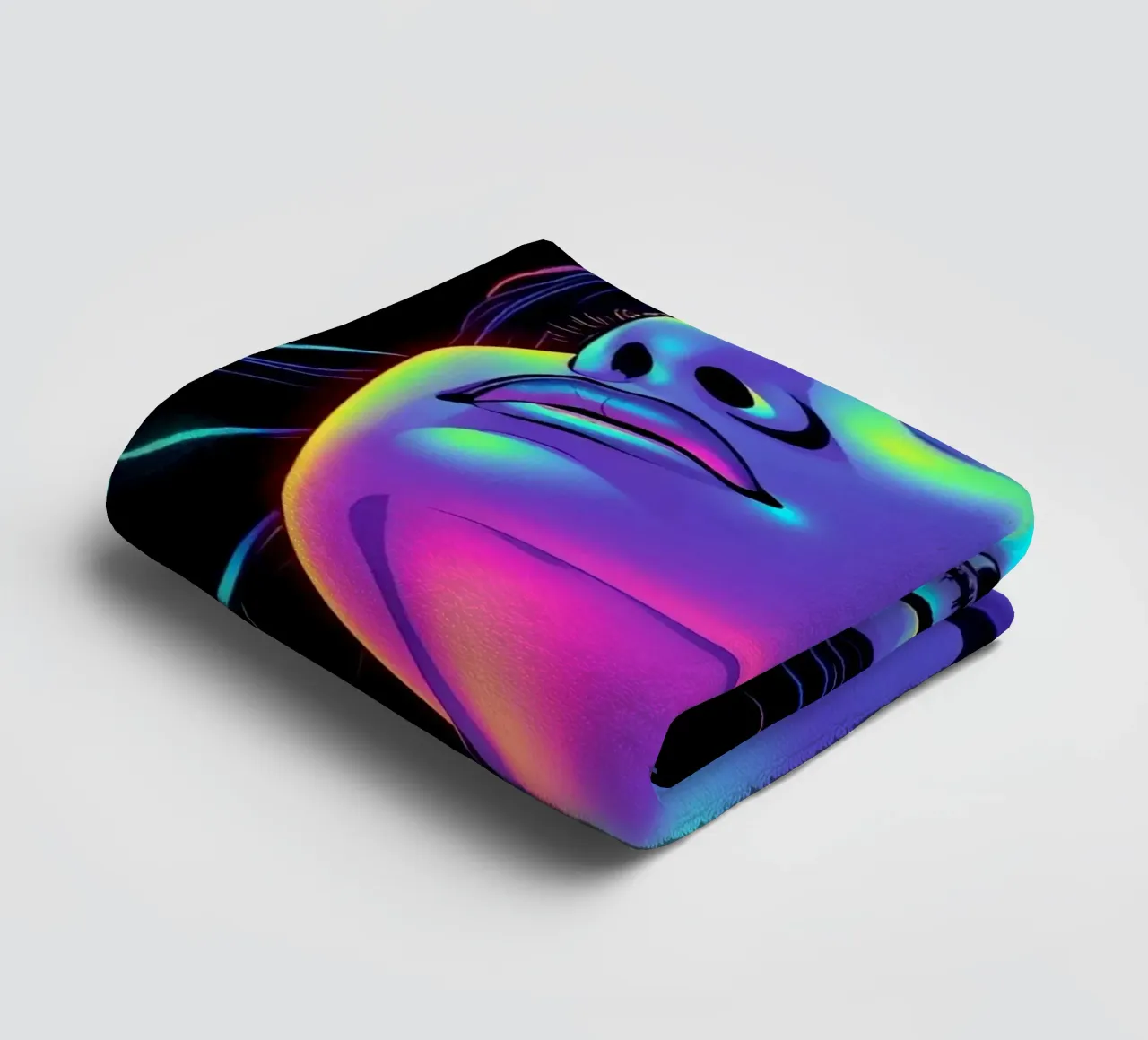 Woman's Face with Neon Color Grading on Black towel by DesignDoodle