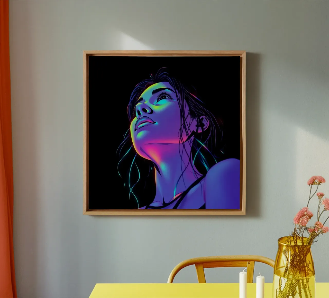 Woman's Face with Neon Color Grading on Black canvas with Floater frame by DesignDoodle