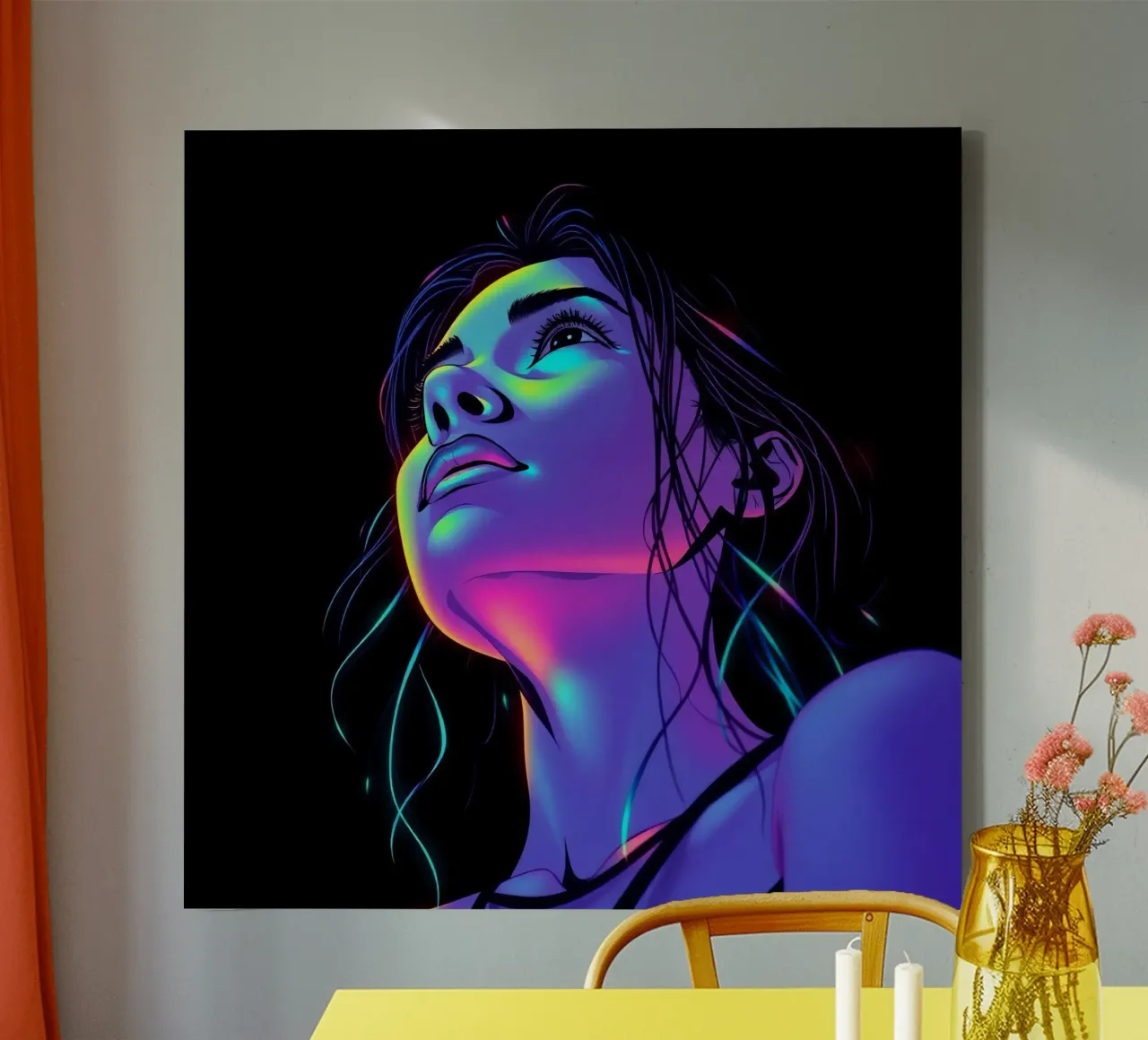 Woman's Face with Neon Color Grading on Black canvas with Floater frame by DesignDoodle
