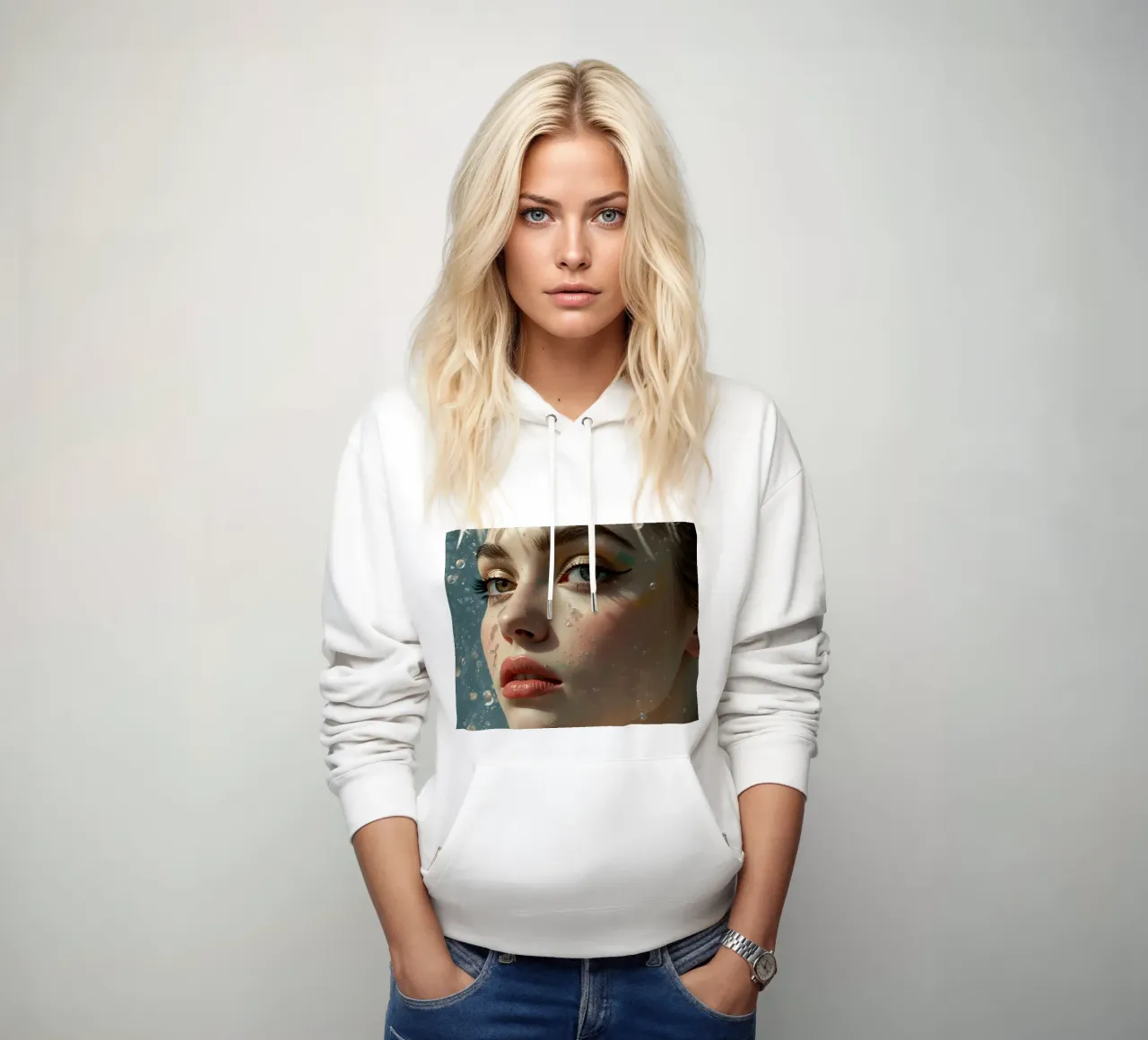 Viso di donna con trucco e gocce d'acqua felpa con cappuccio da DesignDoodle