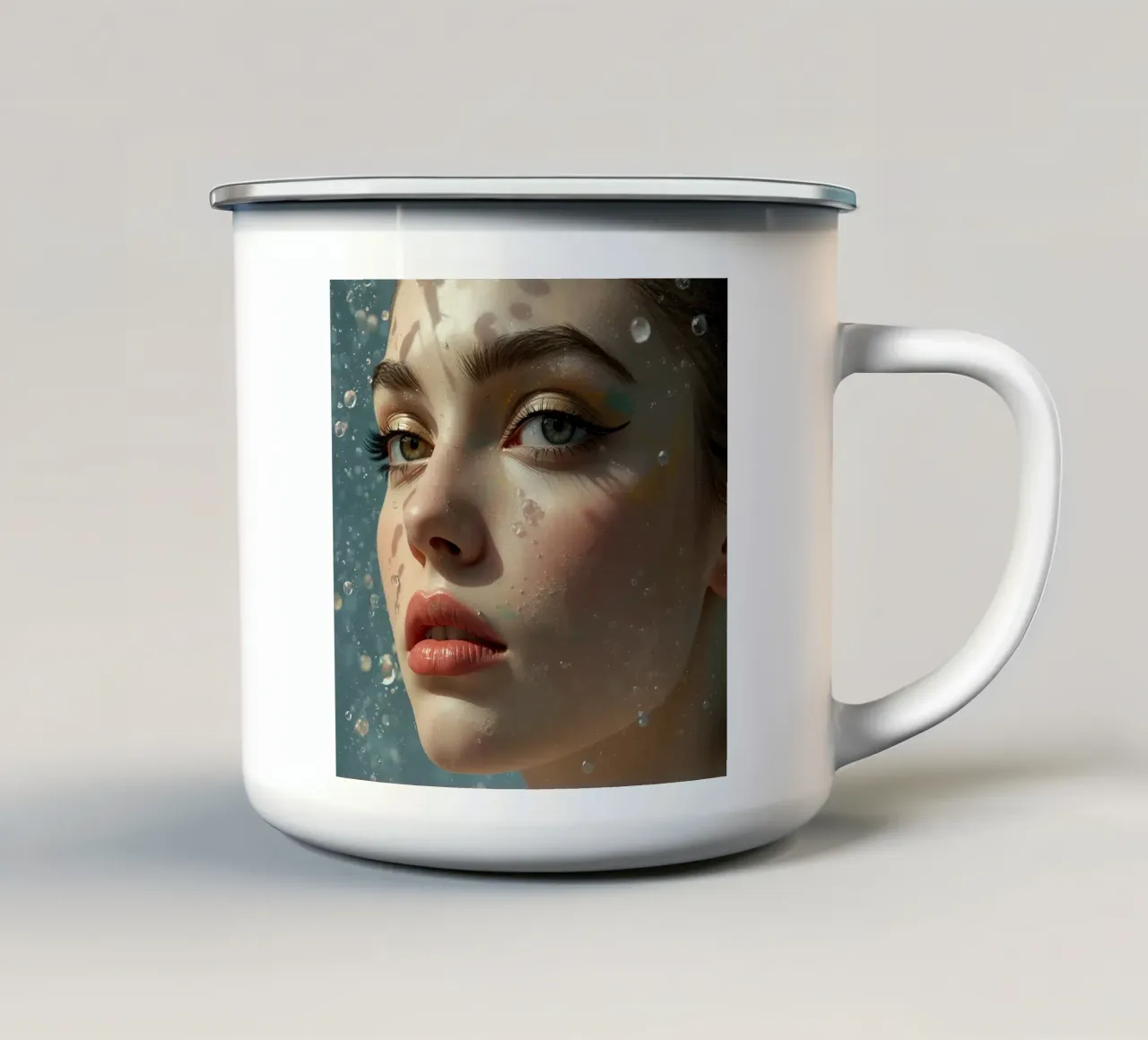 Viso di donna con trucco e gocce d'acqua tazza in smalto da DesignDoodle
