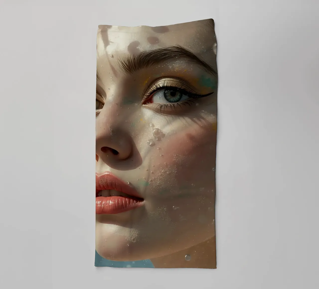 Gesicht einer Frau mit Make-up und Wassertröpfchen Handtuch von DesignDoodle