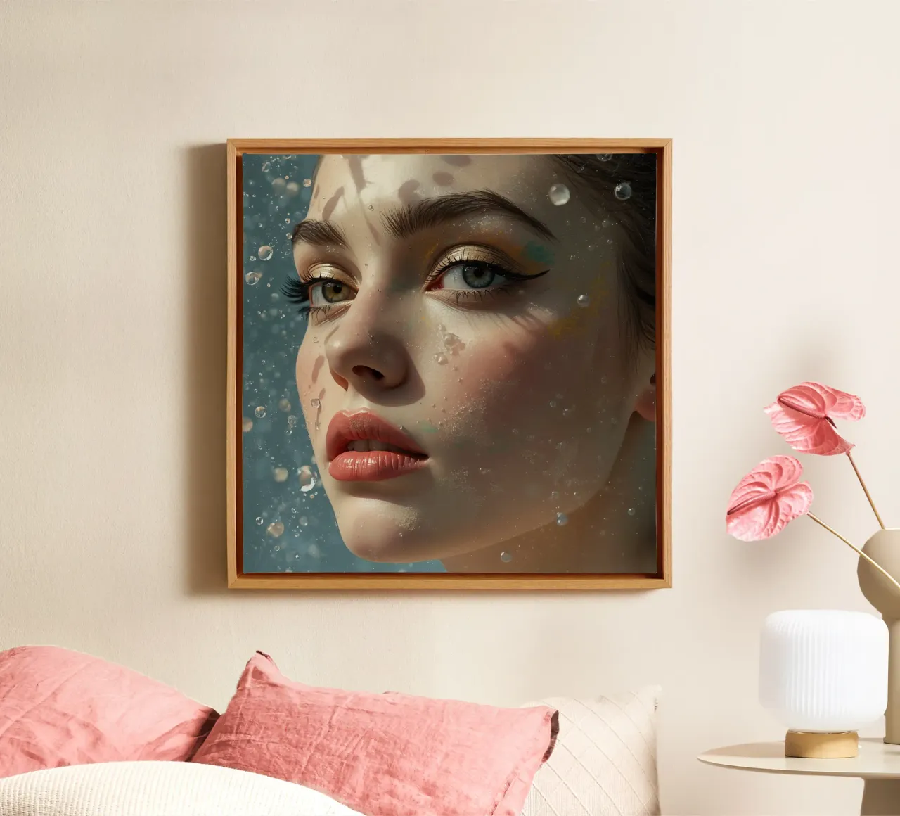 Gezicht van vrouw met make-up en waterdruppels canvas met Baklijst van DesignDoodle