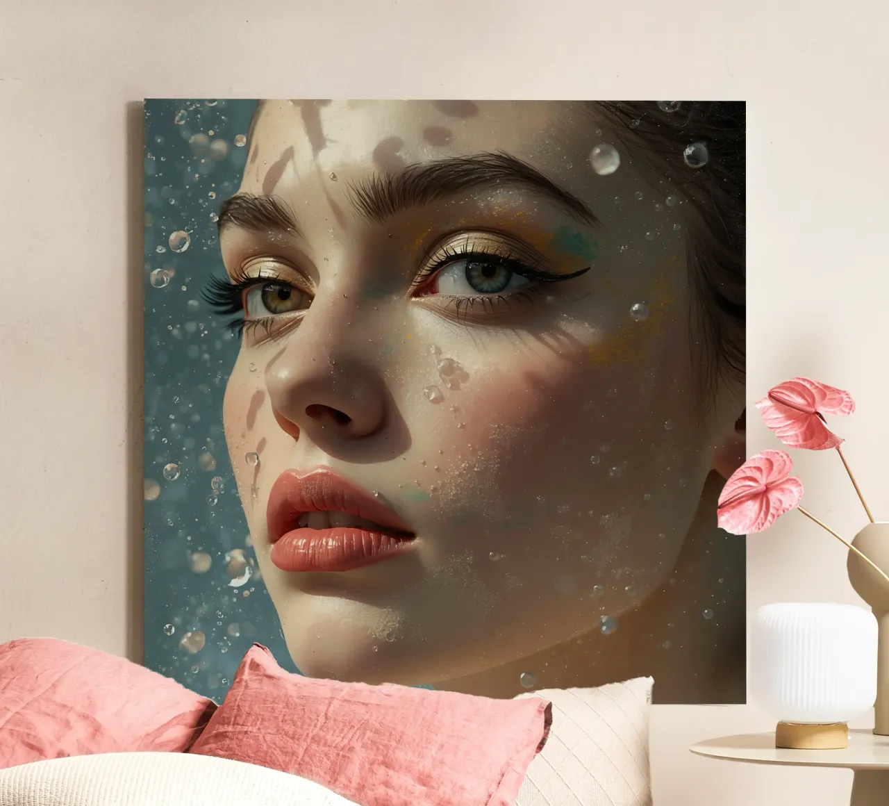 Gezicht van vrouw met make-up en waterdruppels canvas met Baklijst van DesignDoodle