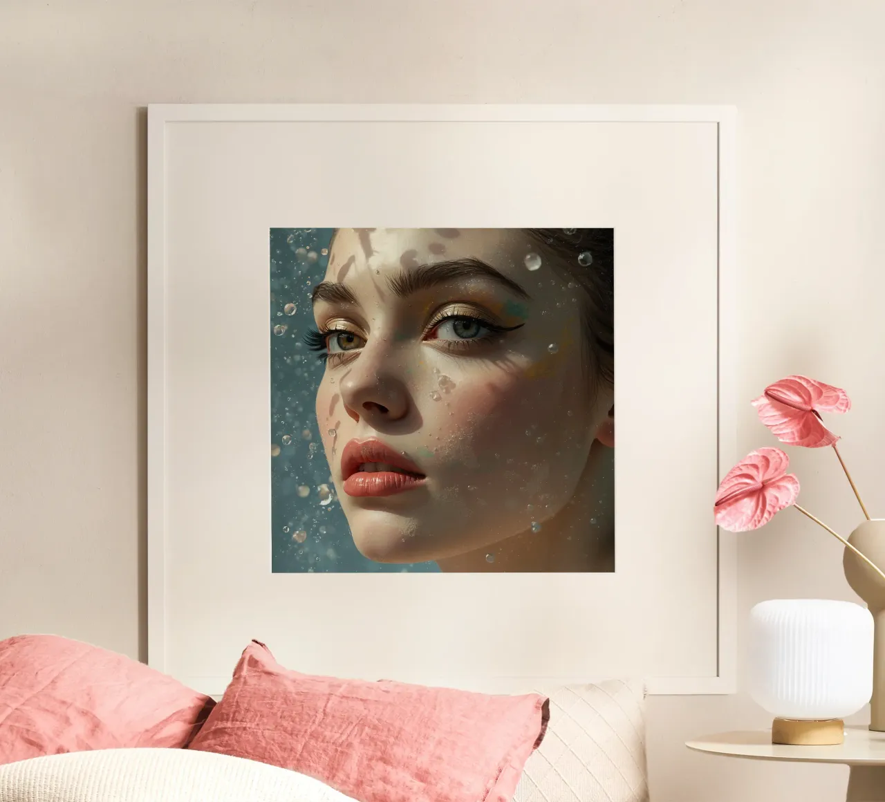 Viso di donna con trucco e gocce d'acqua poster da DesignDoodle