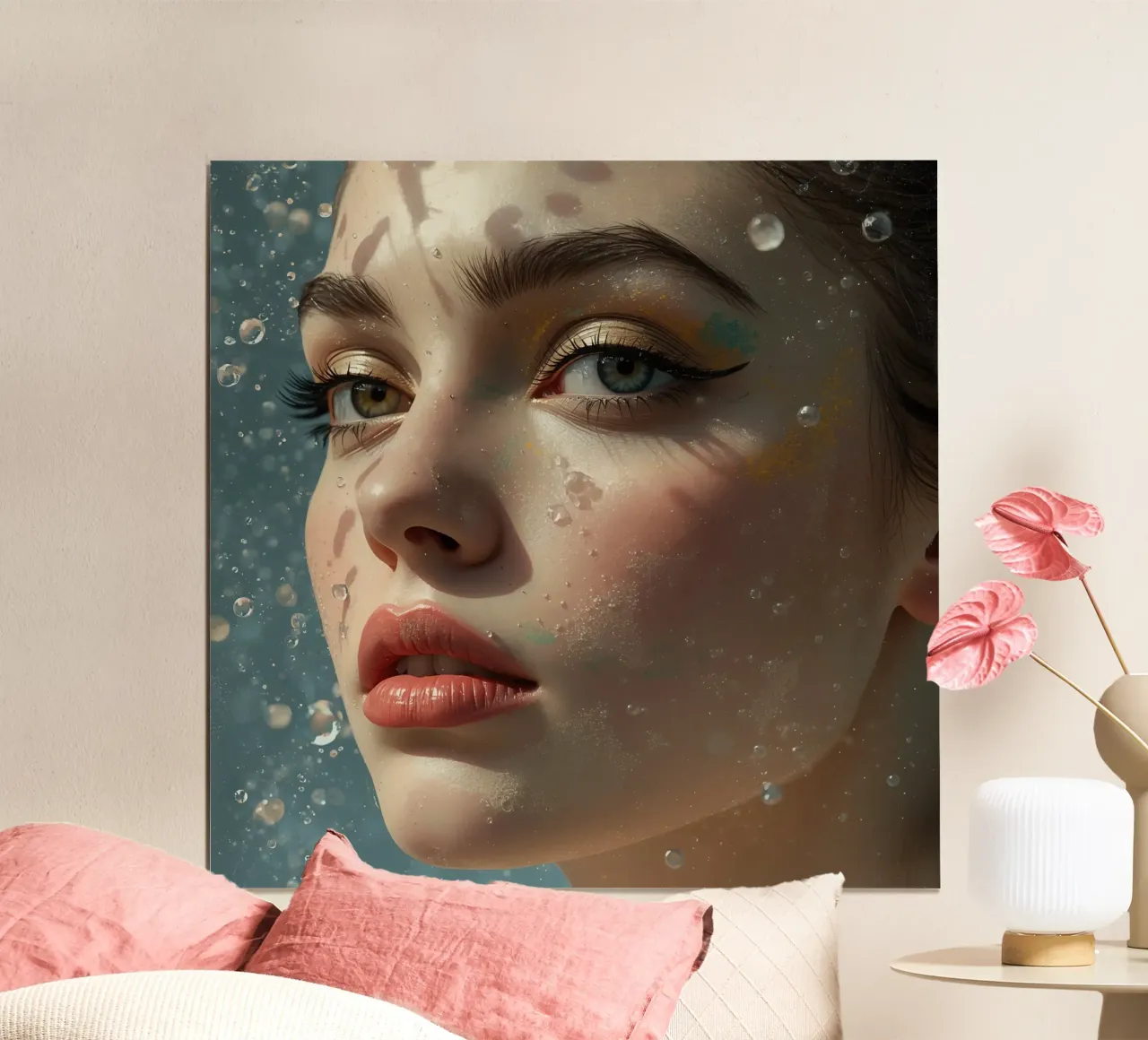 Viso di donna con trucco e gocce d'acqua poster da DesignDoodle