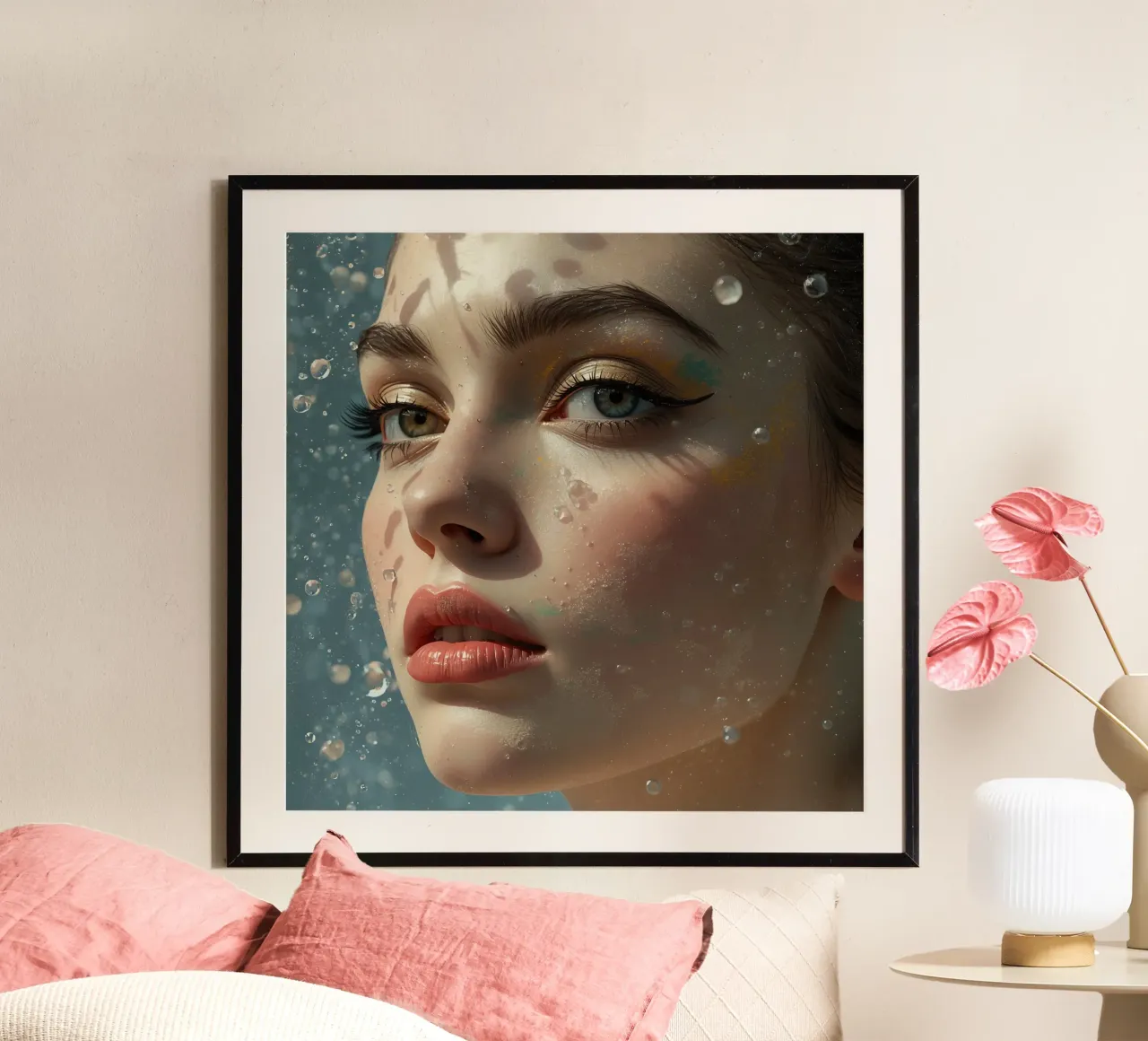 Viso di donna con trucco e gocce d'acqua poster da DesignDoodle
