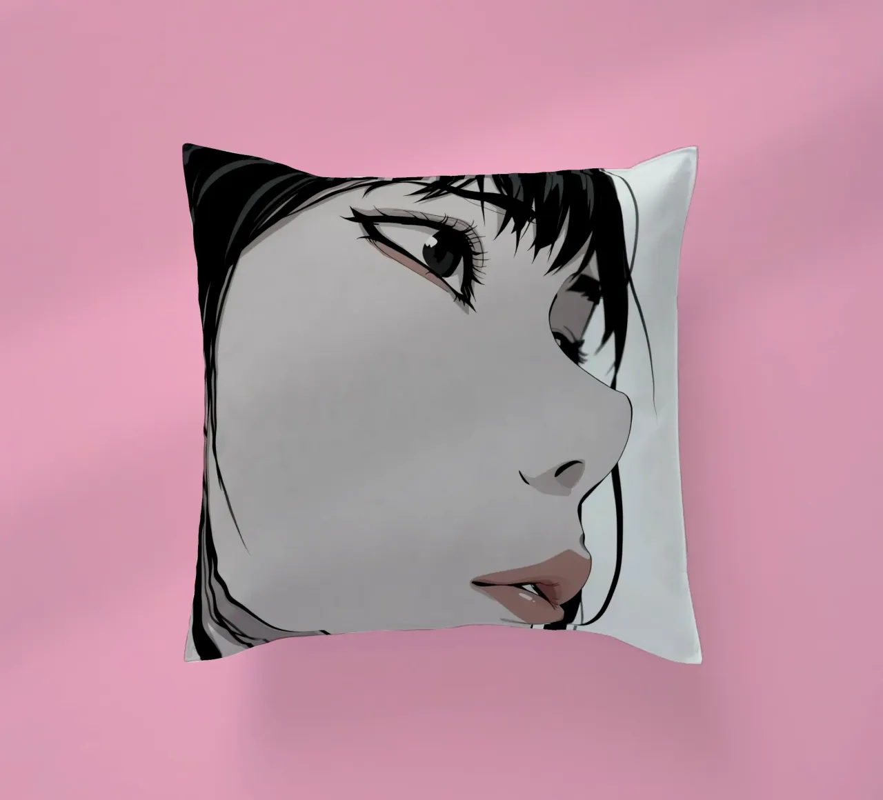 Woman's Face in Profile with Black Hair Illustration cuscino da DesignDoodle