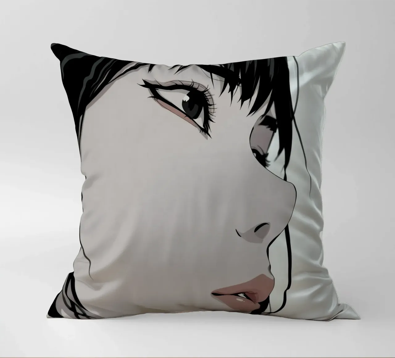 Woman's Face in Profile with Black Hair Illustration cuscino da DesignDoodle