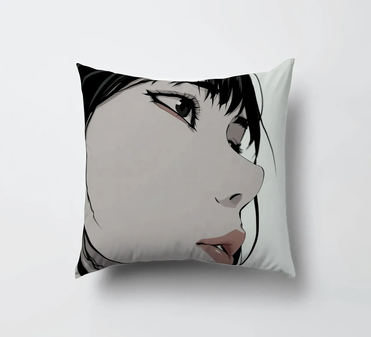 Woman's Face in Profile with Black Hair Illustration cuscino da DesignDoodle