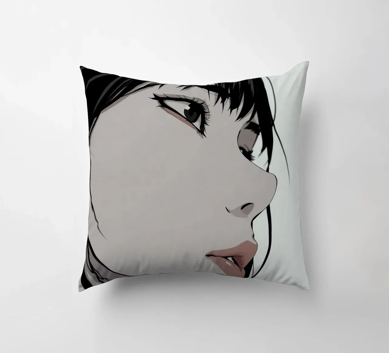 Woman's Face in Profile with Black Hair Illustration cuscino da DesignDoodle