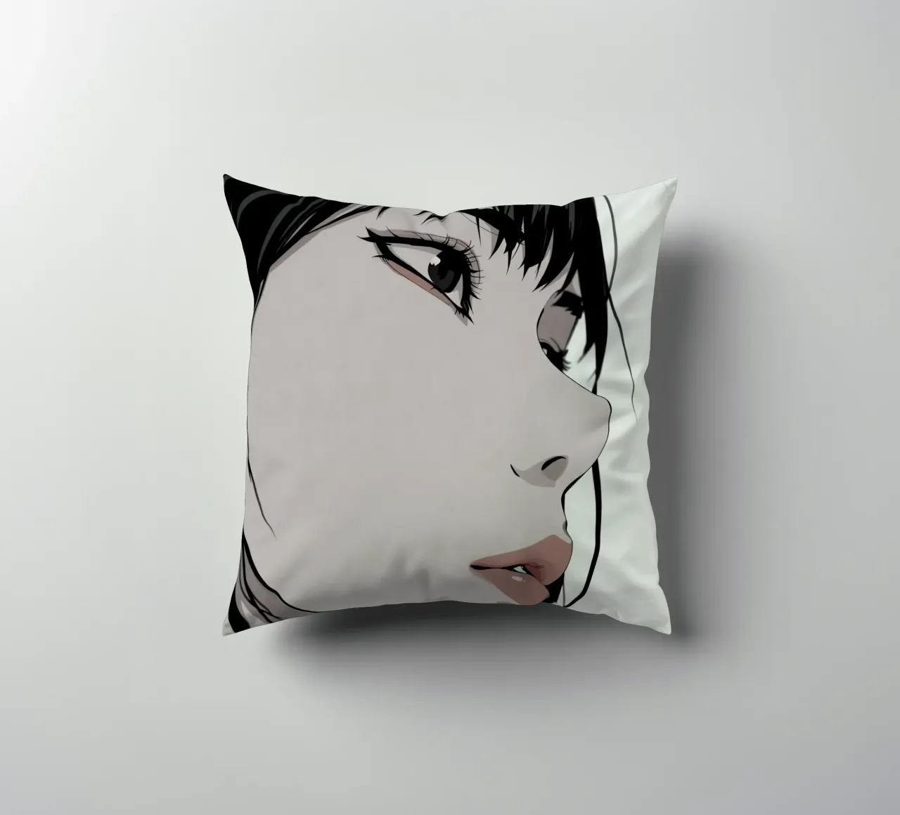 Woman's Face in Profile with Black Hair Illustration cuscino da DesignDoodle