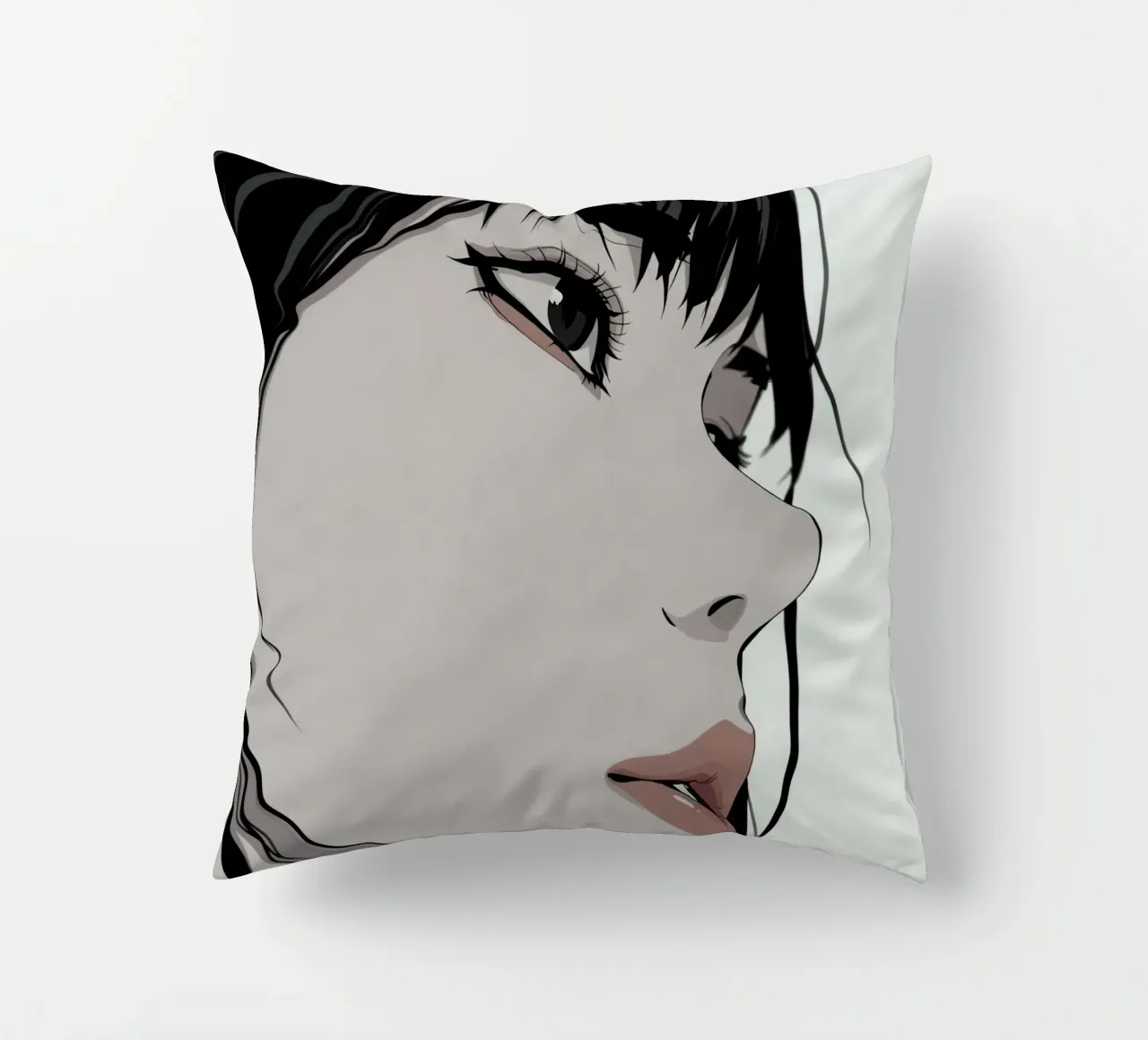 Woman's Face in Profile with Black Hair Illustration cuscino da DesignDoodle