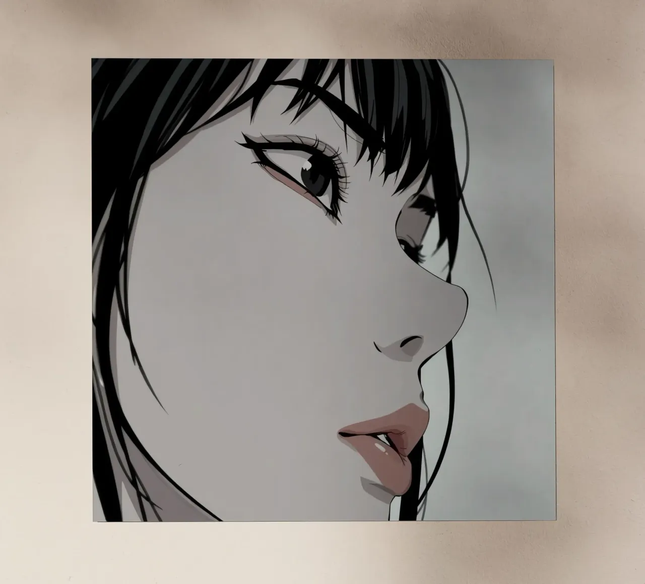 Woman's Face in Profile with Black Hair Illustration pellicola backlit da DesignDoodle