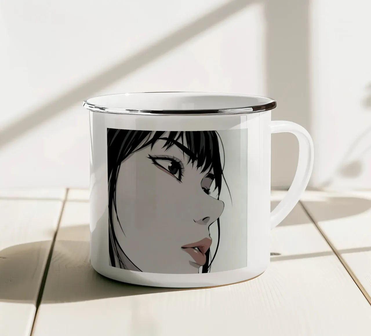 Woman's Face in Profile with Black Hair Illustration tazza in smalto da DesignDoodle