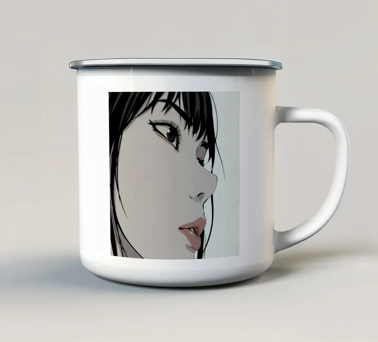 Woman's Face in Profile with Black Hair Illustration tazza in smalto da DesignDoodle