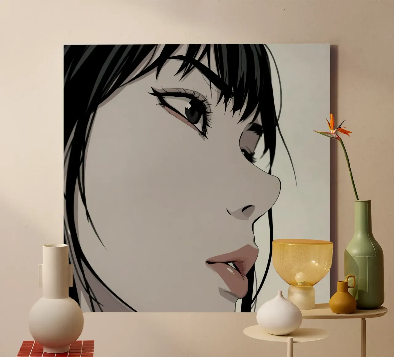 Woman's Face in Profile with Black Hair Illustration tela con Cornice a cassetta da DesignDoodle