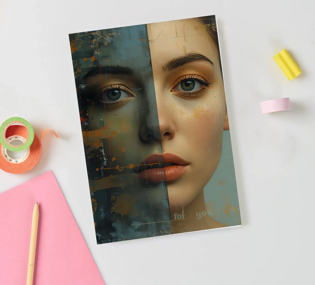 Woman's Face Divided by Realistic and Abstract Styles notebook by DesignDoodle